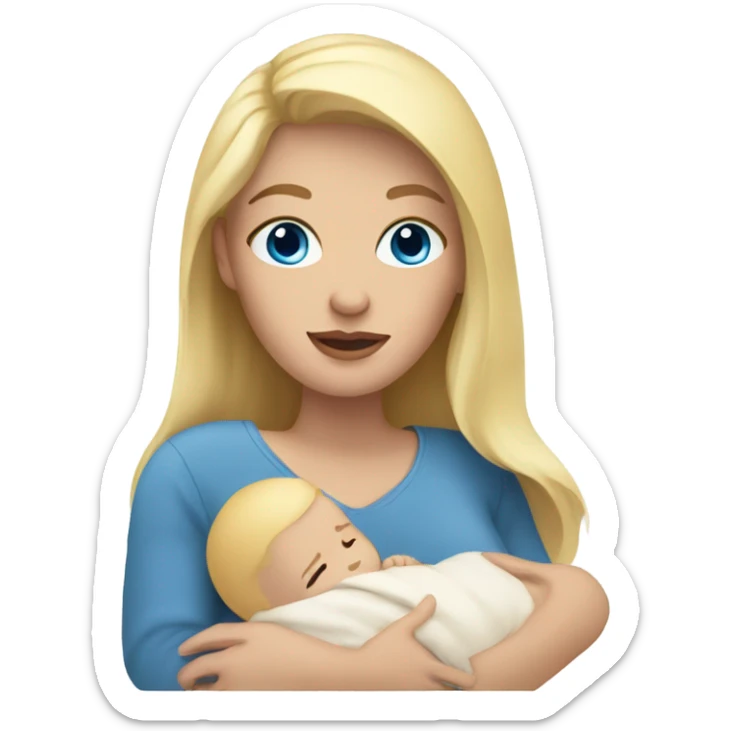 A woman with blonde hair and blue eyes holding a baby  sticker