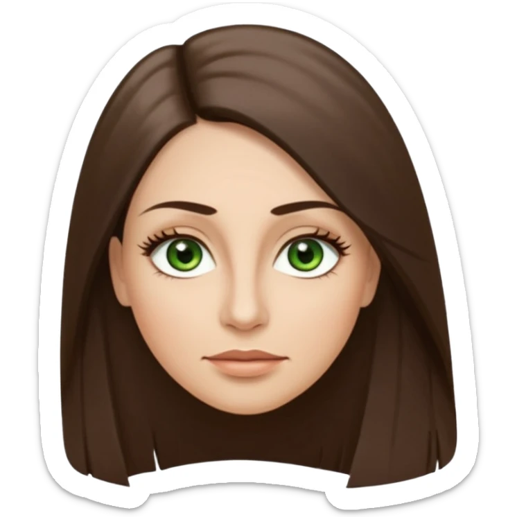 43. year old Adult woman avatar, light skin tone, long, oval face, long straight ashy brown hair, green almond-shaped eyes with dramatic eyelashes and minimal eyeliner, neutral mouth, medium straight eyebrows, small nose, smooth skin sticker