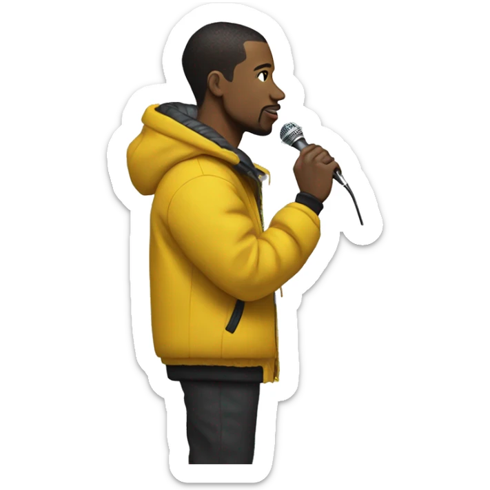 Side profile of a hip hop artist, holding a mic in one hand. He's wearing a puffy jacket with a mustard yellow collar. sticker
