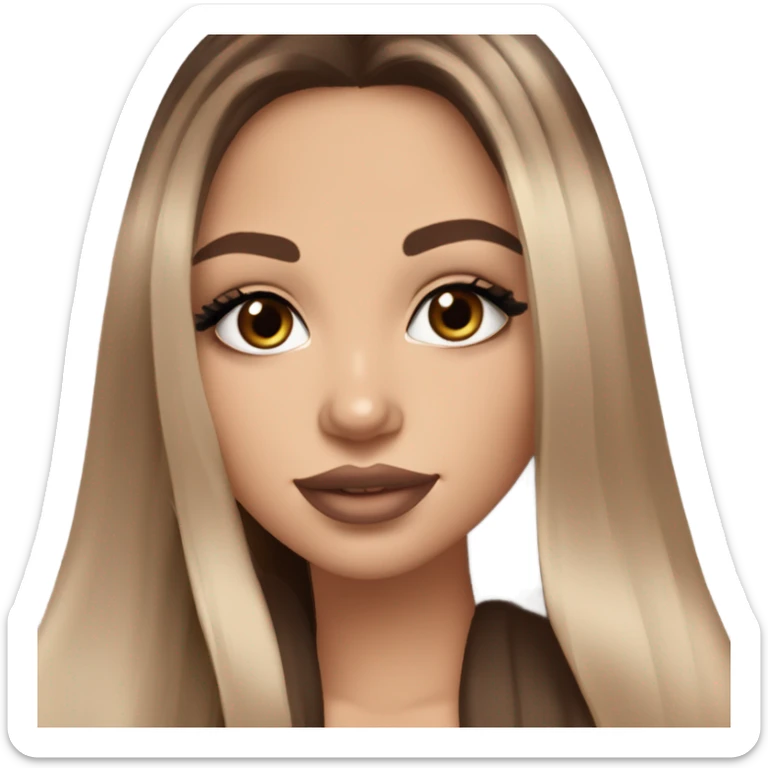 Albania girl,model ￼light skin, long eye lashes, pink beige volume lips, brown eyes, long brown ombre straight hair,  sticker