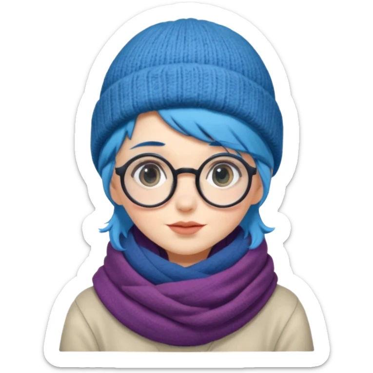 A shy blue straight hair woman with big round glasses and thick scarf and a beanie, blushing from the cold. sticker