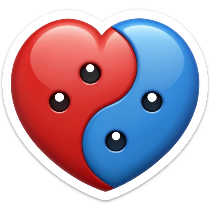 Make a yin yang like heart emoji with the colors being blue and red and no white parts, with two holes and not three sticker
