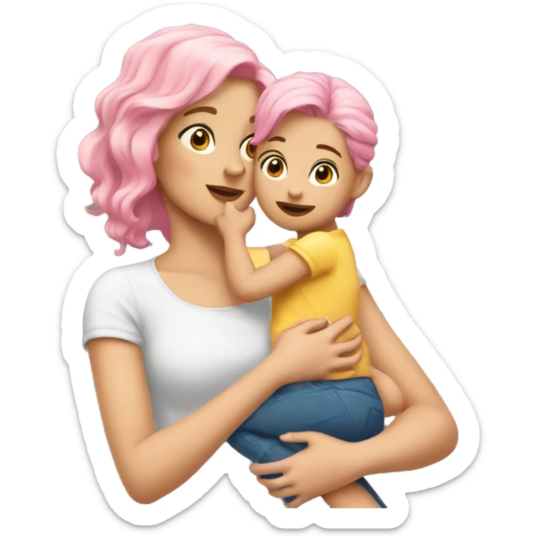 A blonde girl with pink hair holds a daughter with dark hair in her arms sticker
