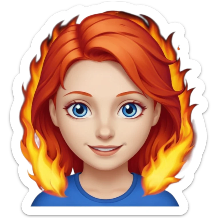 A girl with flaming red hair and intense blue eyes. Delicate dark circles under her eyes give her a slightly tired look, and her smile belies any fatigue. sticker