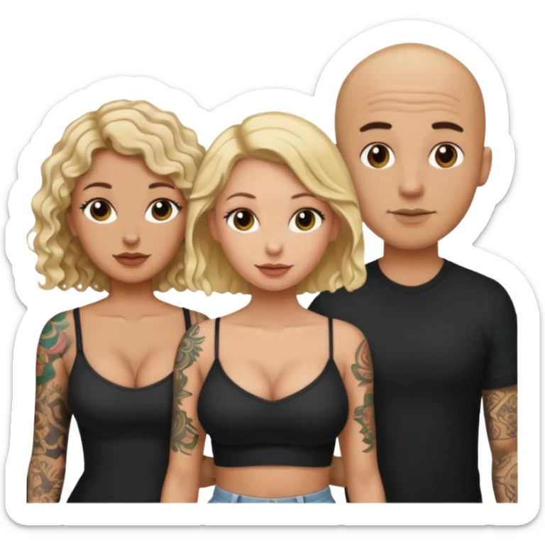 throuple tattooed bald boyfriend with long blonde hair female and another curly short haired brunette big boobs sticker