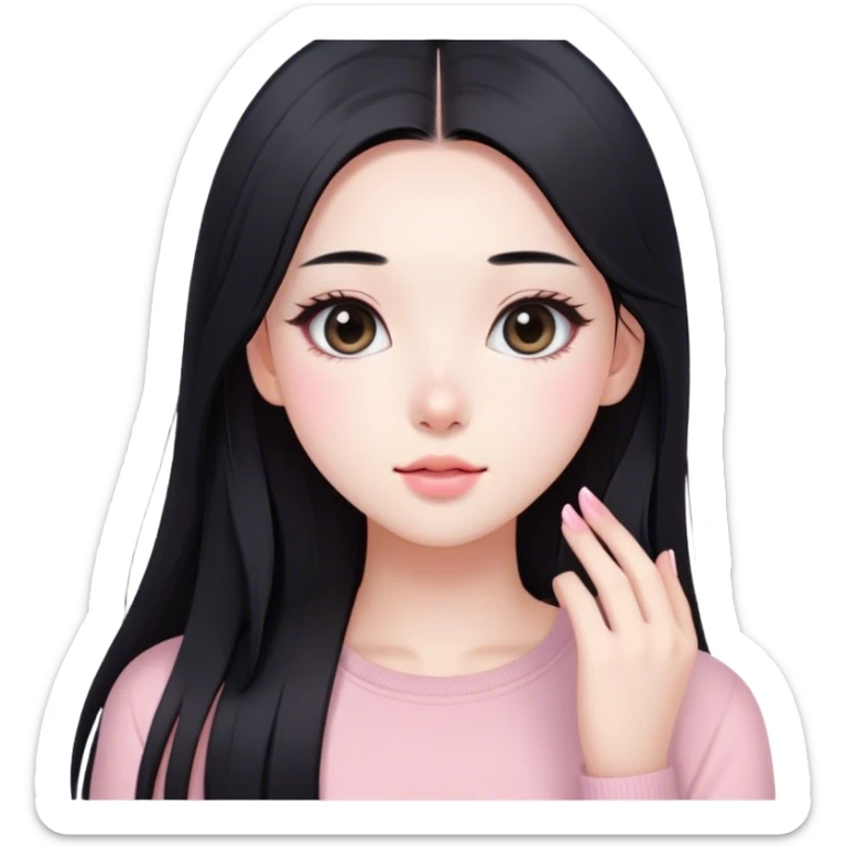 soft pink beauty vlogger girl fair skin with long straight hair. natural makeup like korean girls, black hair sticker