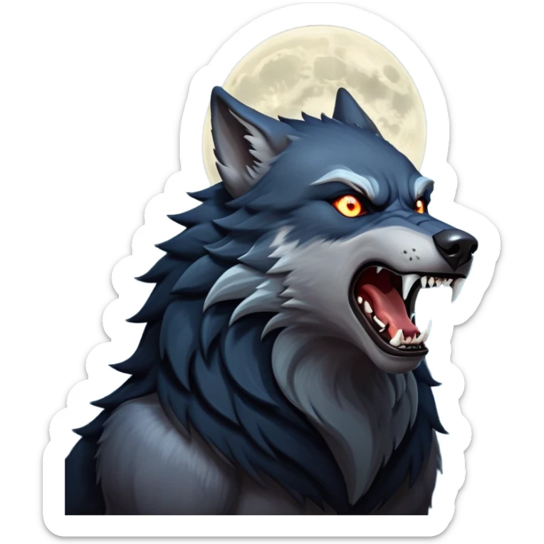 cinematic-noble-fierce-werewolf-howling-portrait-emoji, poised-and-imposing, with a fierce wolfish face tilted upwards in a haunting howl, glowing eyes full of primal ferocity, sharp, and a rugged snout, fur rippling in shades of midnight black and silver, muscles tensed as the powerful howl echoes beneath the moonlit sky; rendered with realism, capturing the raw, untamed power of the beast in its wild, primal state sticker