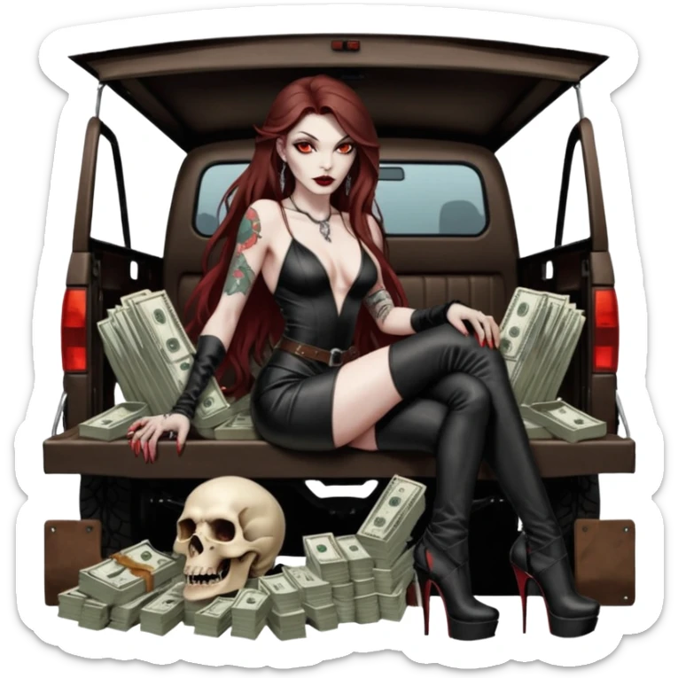Lilith model red eye seductress evil long brown haired sexy succubus woman with leather long dress with slit, sitting in Big Large F350 pickup truck. Black Platform high heels on feet. Tattoo sleeve arms, seat full of stacks of cash, and a man dead human skull of her enemies and a gun in other hand sticker