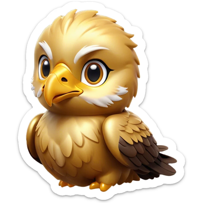 Cinematic Cute Golden Eagle Portrait Emoji, Head tilted playfully and inquisitively, featuring a compact, streamlined form with subtly ruffled, golden plumage and round, sparkling eyes full of spirited charm, Simplified yet irresistibly adorable features, highly detailed, glowing with a warm, inviting glow, high shine, affectionate and lively, stylized with a touch of whimsical aerial grace, soft glowing outline, capturing the essence of a mischievous yet endearing golden eagle that seems as if it could glide out of the screen into your heart! sticker