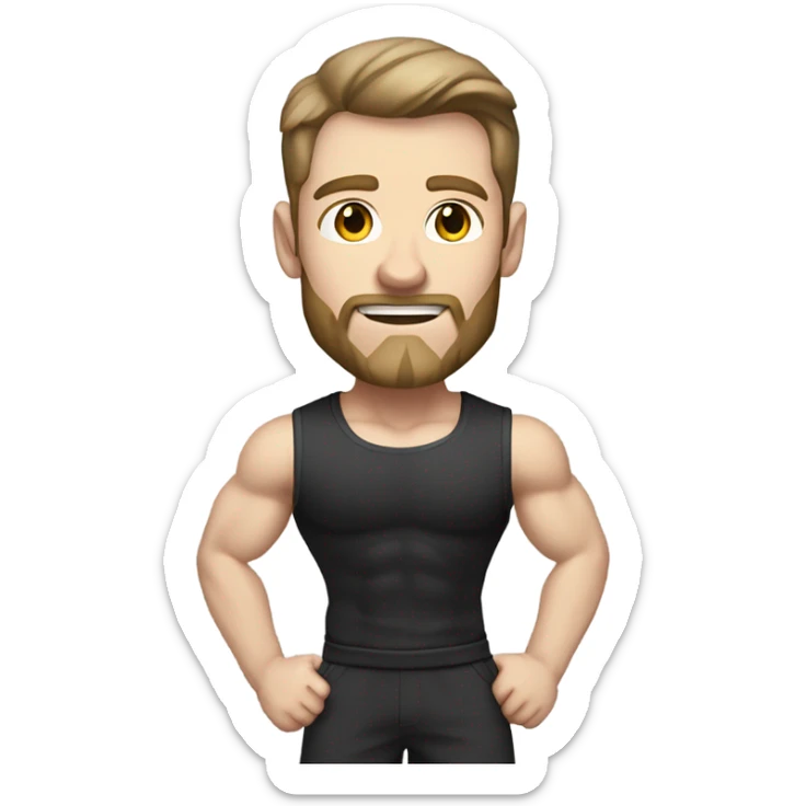 Pale skinned Fit Man With the biceps and dark brown hair in black shirt, gray sports shorts and white Sneakers sticker