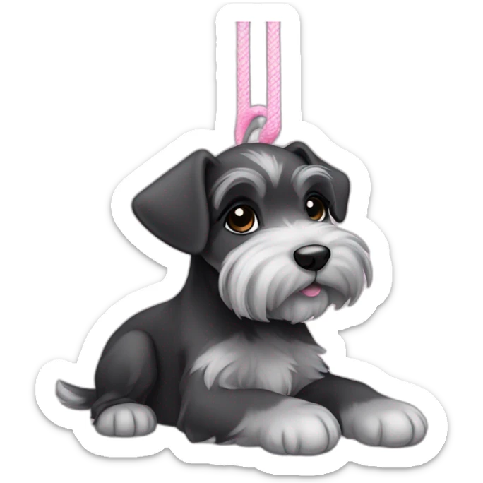 female puppy color "black and gray" breed medium Schnauzer with hanging ears hanging ears and a pale pink string around its neck sticker