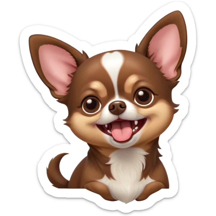 Cinematic Cute Yawning Chocolate Short Haired Chihuahua Portrait Emoji, Head tilted slightly with a dramatic, wide-open yawn, soft chocolate fur with a velvety texture, floppy ears slightly drooping, round dark eyes barely open in drowsy contentment, Simplified yet irresistibly adorable features, highly detailed, glowing with a soft, cozy glow, high shine, relaxed yet expressive, stylized with a touch of whimsy, bright and endearing, soft glowing outline, capturing the essence of a sleepy yet affectionate pup, so drowsy it feels like it could stretch right out of the screen and curl up for a nap! sticker