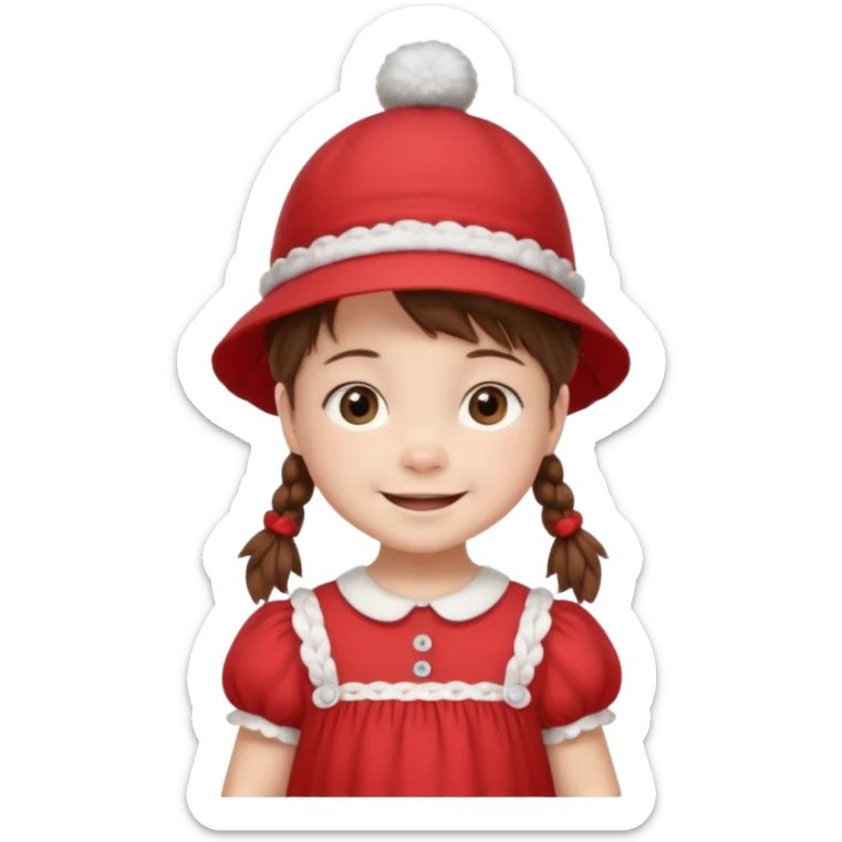 baby girl with brown hair and pigtails with a hat and red dress like My Neighbor Totoro movie sticker