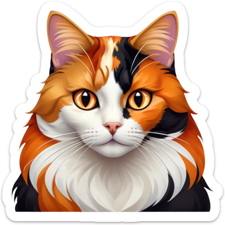 Cinematic Noble Calico Cat Portrait Emoji, Poised and regal, with a striking patchwork fur in vibrant orange, black, and white hues, delicate whiskers and a refined, focused gaze, simplified yet exquisitely detailed, glowing with a soft, moonlit radiance and an air of aristocratic elegance, high shine, exuding dignified intelligence and poised authority, soft glowing outline, capturing the essence of a watchful and noble calico cat that appears ready to grace the screen with effortless majesty! sticker