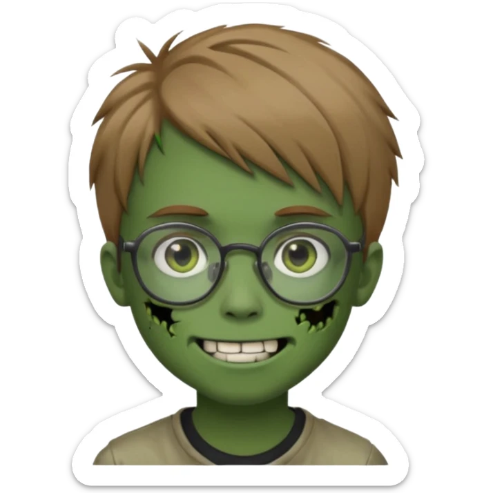 boy zombie with light brown emo hair and green skin and glasses and corner smile sticker