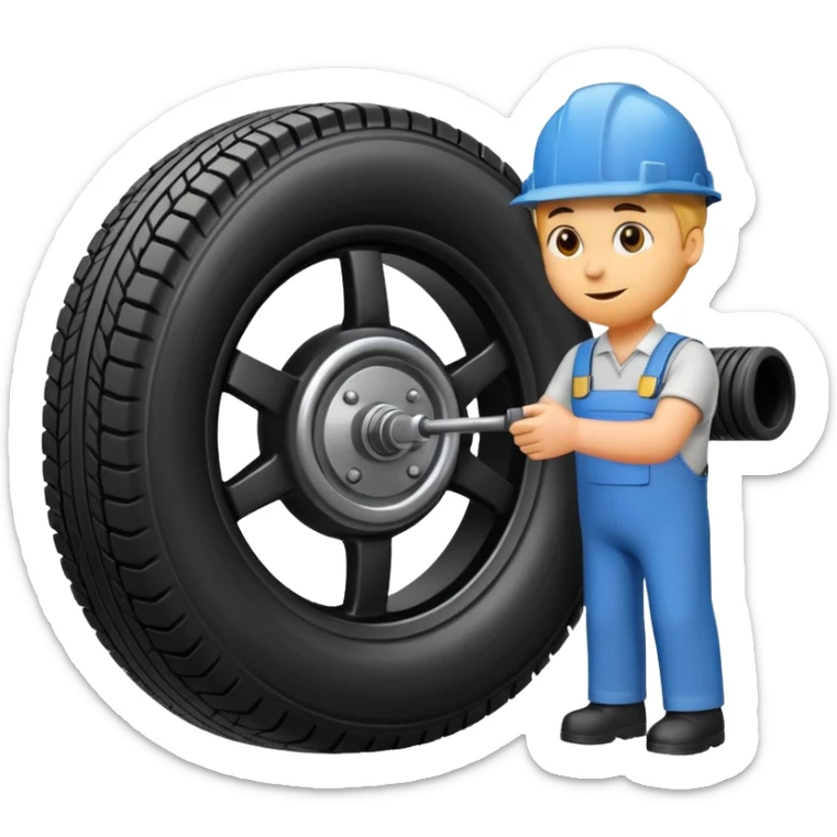 please draw me a emoji of tire - inside the manufacturing factory - getting inspected by machine sticker
