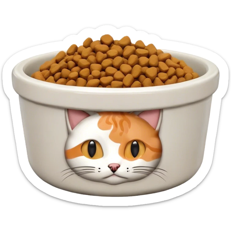 cat pet food bowl with, the food is piled on top of the bowl where it is so full sticker