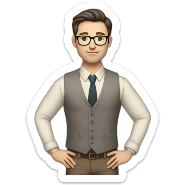 Full height Pale skinned Fit Man With dark brown hair in gray jacket, vest, tie, beige office shirt, Brown pants and vintage glasses. Thrumbs of his palms directed up sticker