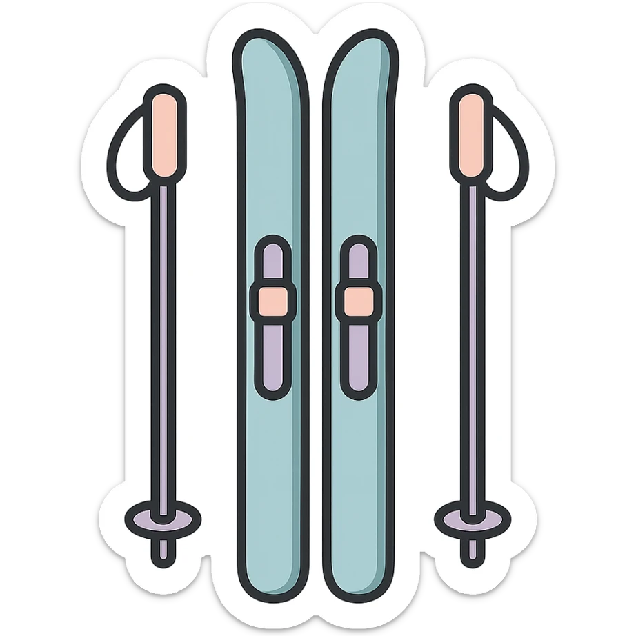 cross-country skis standing upright with poles close to skis on the sides, detailed shading, thin clean outlines, soft rounded features, pastel palette #98B5BC #B5B3C1 #C9A3C9 #E4C0CA #F7DCD1 #F7C0AA, Japanese pop art, sticker look, highly detailed, vector clarity, soft lighting, subtle shadows, transparent background sticker