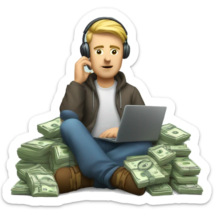 a white man, tired, is sitting at a laptop and talking on the phone, there is a bundle of money next to him, headphones on his head

 sticker