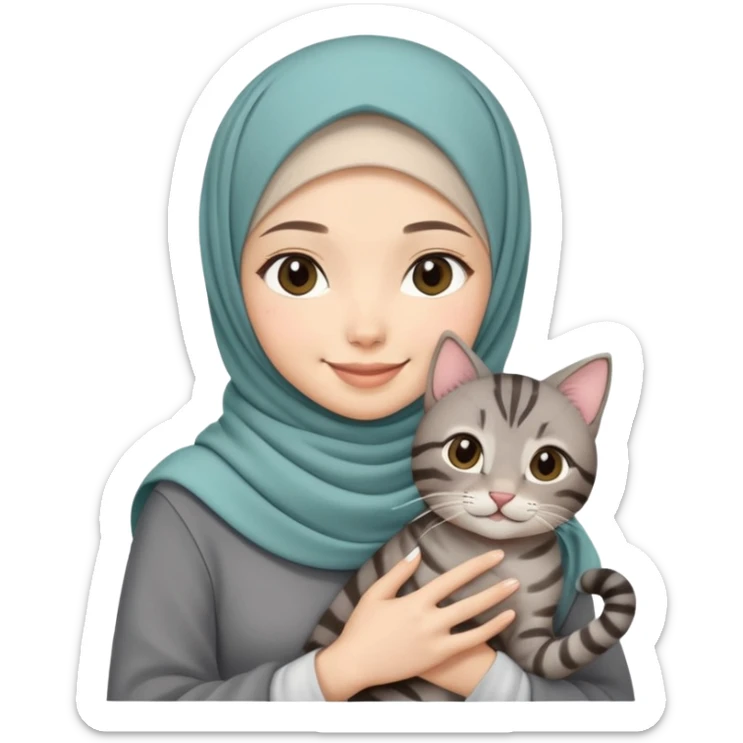 Asian White girl wearing cute hijab holding a black grey tabby cat while smiling.  sticker