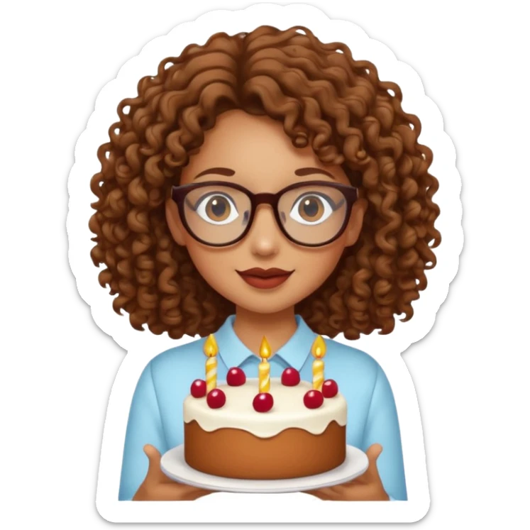 Tanned girl with brown curly hair wearing glasses with a cake  sticker