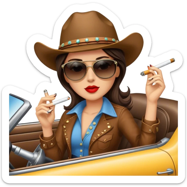 Brunette Cowgirl wearing sunglasses, smoking a cigarette and driving sticker