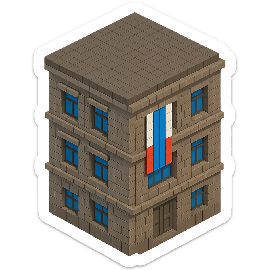 old Saint Petersburg building in voxel style, gray-brown tones, Russian flag hanging vertically in a window, isometric view sticker