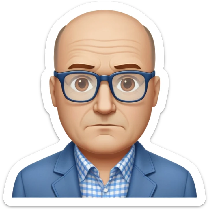 50-year-old heavyset man with wide face and prominent square jawline. Hair only on top of head with completely bald sides (horseshoe pattern baldness). Large dark square glasses. Serious-relaxed expression. Light gray jacket that fits his larger frame, white shirt with blue checkered pattern. sticker