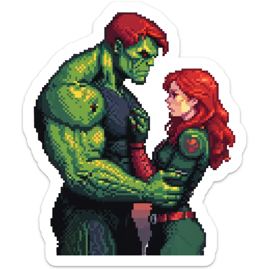 Hulk and Black Widow lullaby scene, Black Widow with red hair calming down the green Hulk, sun's getting real low gesture, Hulk transforming back sticker