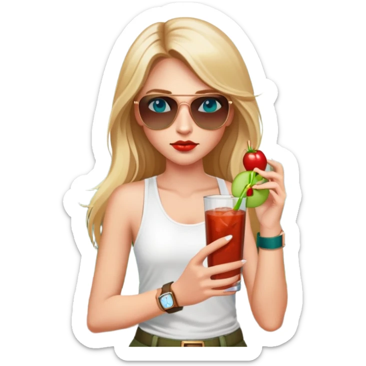girl with long blond hair
with blue eyes
and aviator sunglasses
wearing white tank top 
holding bloody mary
wearing (rose gold apple watch with forest green band) sticker