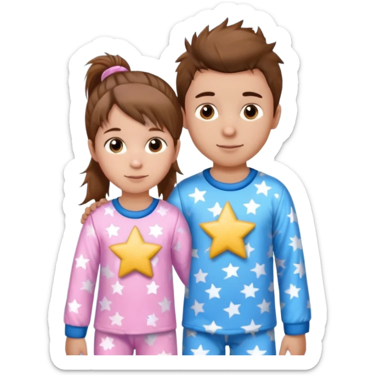 4 year old brown spikey haired boy with blue pajamas with stars on them and a 1 year old brown haired pony tail girl with pink pajamas, and stars on them with light skin sticker