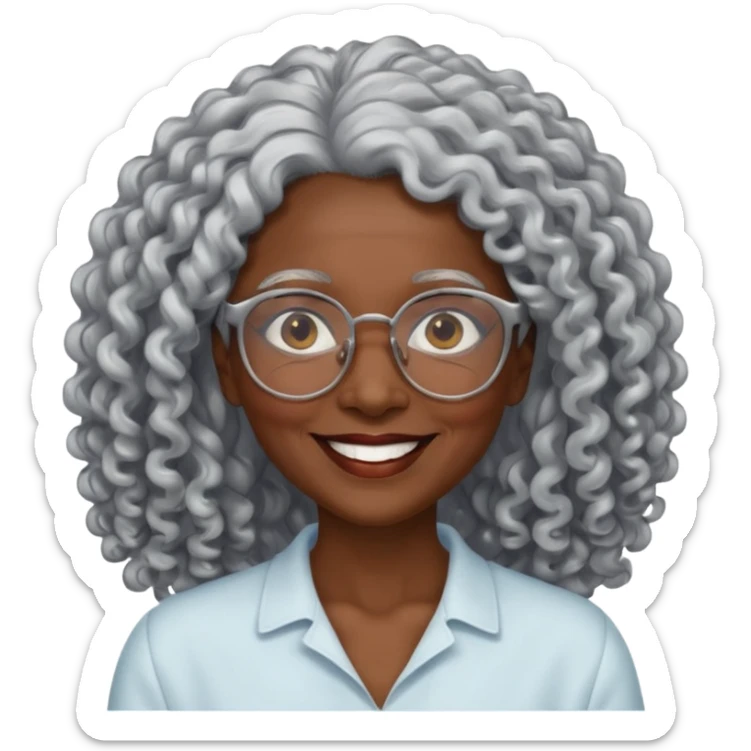 smiling dark older black woman wearing glasses with lots of long curly silver hair a sticker