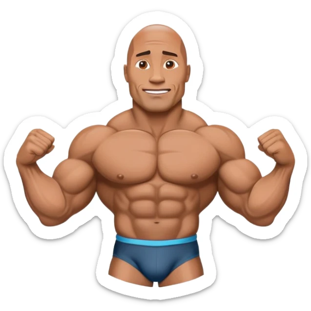 Emblem-style emoji of a Dwayne Johnson in a classic bodybuilding pose, showcasing muscles and strength. The figure resembles a muscular athlete like Dwayne Johnson, with a focus on physique, confidence, and power. Bold lines, dynamic stance, and transparent background. sticker