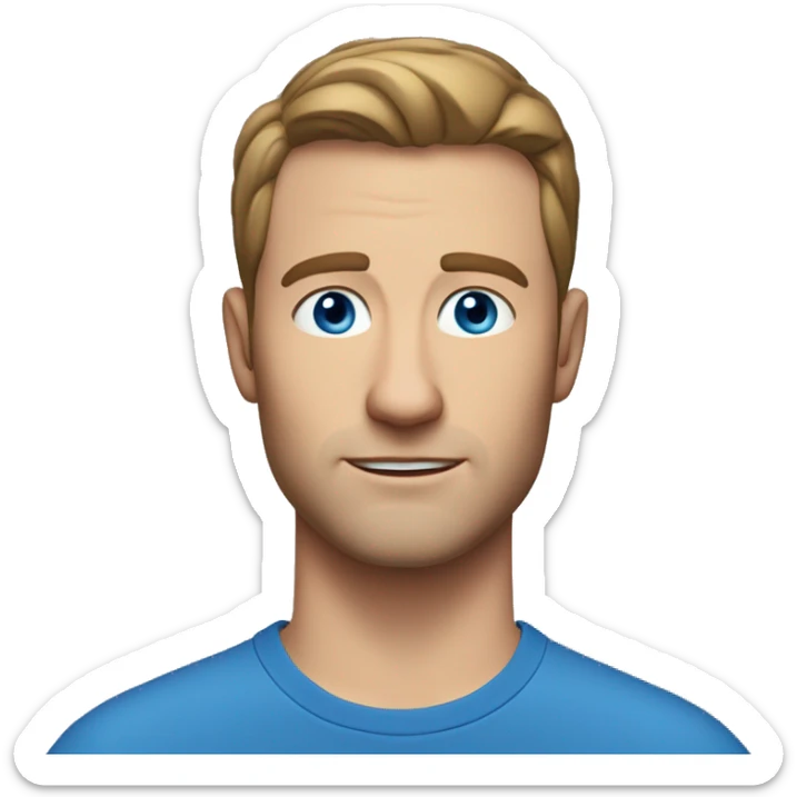 A head and shoulders shot of a 35 year old white man, with short brown hair,   with blue eyes wearing a t-shirt. sticker