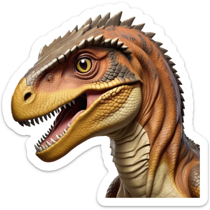 Cinematic Realistic Noble velociraptor/T-rex Portrait Emoji, Poised and imposing, with a massive, muscular build and a rugged, intricately scaled hide in ancient earthy tones, a sharply defined, fearsome head with piercing, primal eyes rendered in lifelike detail, high shine, intelligent and formidable, styled with an air of prehistoric authority, focused and attentive, soft glowing outline, capturing the essence of a watchful and confident velociraptor/T-rex that appears ready to roar out of the screen with timeless power! sticker