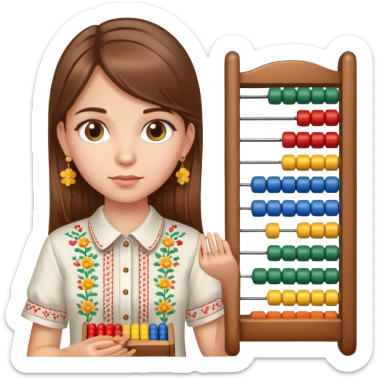 A Ukrainian girl with brown hair in an embroidered shirt holds an Abacus sticker