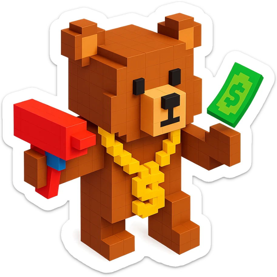 Russian grizzly bear wearing a rapper chain and holding a money gun sticker