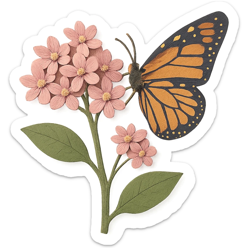 close-up of milkweed flowers with a monarch butterfly, fine paper edges, delicate pink blossoms, detailed butterfly wings sticker