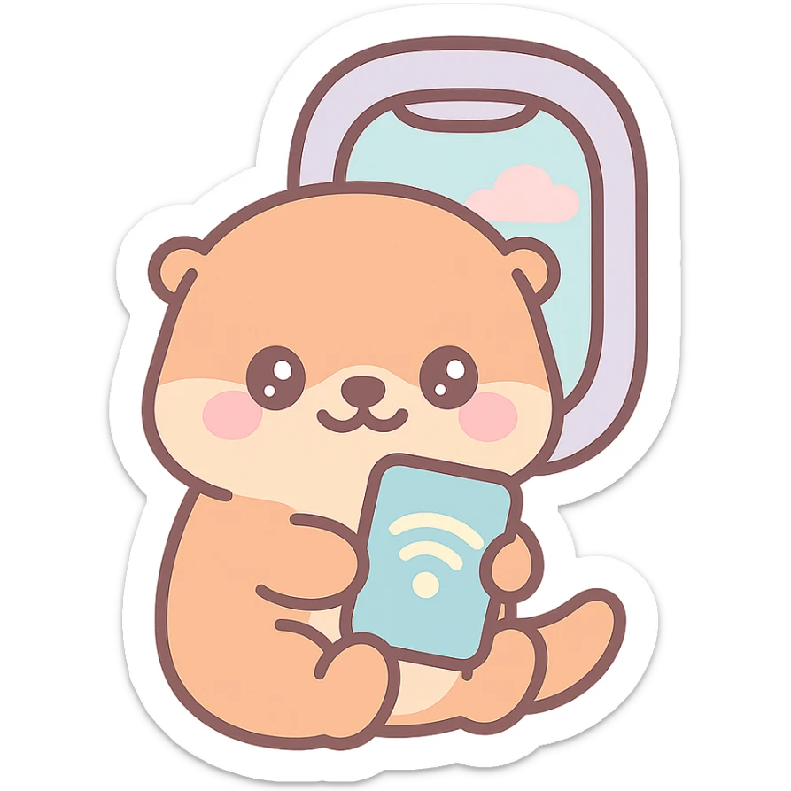 cute otter holding a phone with wifi symbol, airplane window in background, kawaii style sticker