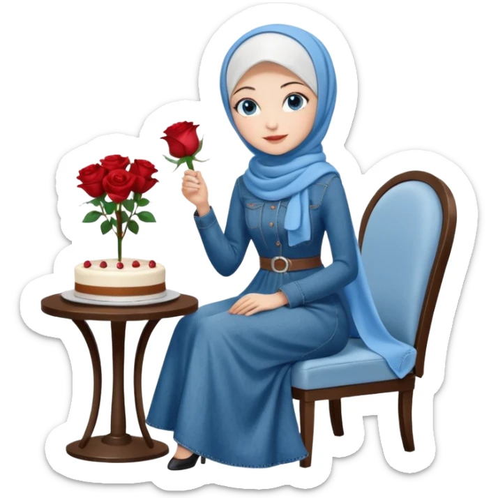 Turkish beautiful finish Konya girl blue eyes with denim hijab long tail dress and sits on the modernized coffee house on a white chair and holds rose cake with her hand  sticker