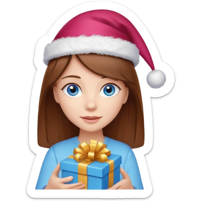 girl with brown hair and blue eyes, holding a present and wearing a birthday hat sticker