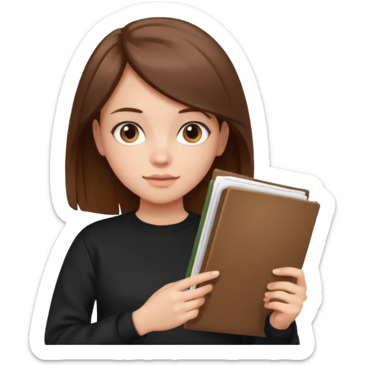 a girl with documents in her hands, in a black sweatshirt with brown hair with a square sticker