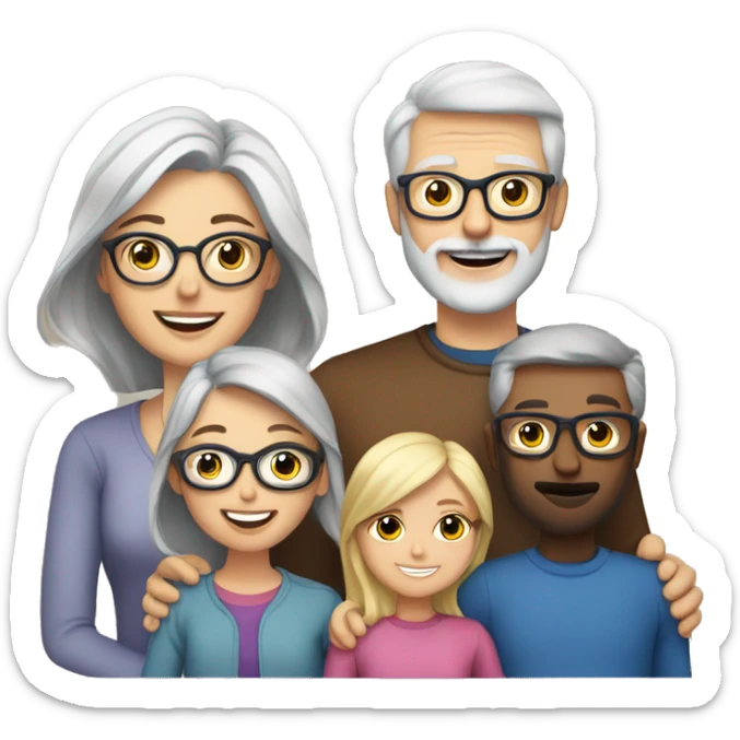 family with a mom that has grey hair and glasses, a dad with blonde hair, glasses and a beard, and two young adult daughters with brown hair sticker