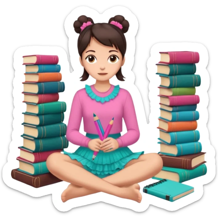 A brunette woman with straight, dark brown hair styled in two buns wears a pink long-sleeved shirt and a turquoise lace ruffled skirt. She is barefoot and holds a crayon in one hand. She sits cross-legged on the floor, which is covered with stacks of colorful notebooks. Art Deco style illustration. sticker