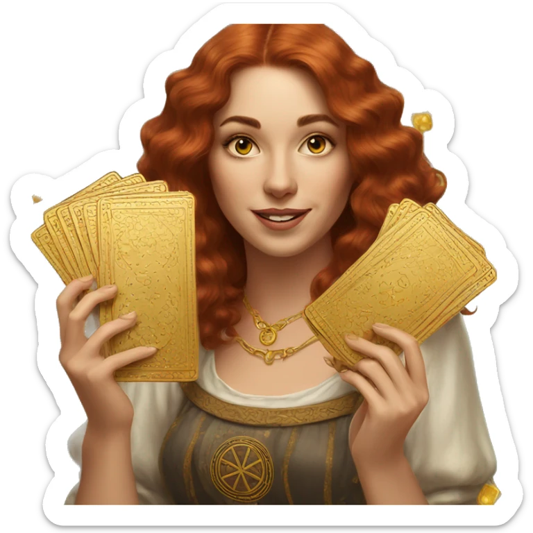 auburn hair beautiful girl with tarot gold cards sticker