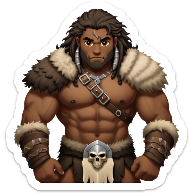 Clash of Clans aesthetic: Cinematic Battle-Hardened Barbarian Portrait Emoji, Stark and unyielding with a burly, muscular frame marked by scars, wild, flowing hair and a steely, unrelenting gaze, dressed in rugged furs and bone armor, Simplified yet meticulously detailed features, highly detailed, glowing with a cool, steely radiance, high shine, relentless and valorous, stylized with an air of ancient tribal might, focused and resolute, soft glowing outline, capturing the essence of a seasoned barbarian whose every scar tells a story of survival and conquest! sticker