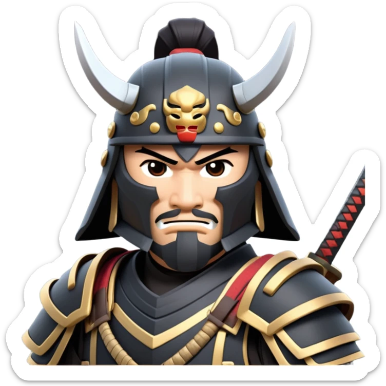 clash-of-clans-aesthetic_-cinematic-fearsome-and-majestic-samurai-bust-portrait-emoji, rendered in a flat, vector-style with minimal shading and bold, simplified shapes typical of emoji art, depicting a battle-hardened samurai with black mask and traditional black Japanese armor. The samurai is riding a noble grey warhorse adorned with an intricately designed saddle and fluttering banners and a rising sun. a samurai on a   horse sticker