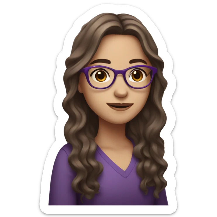 Girl who has brown hair and purple glasses, long wavy hair, whitw sticker