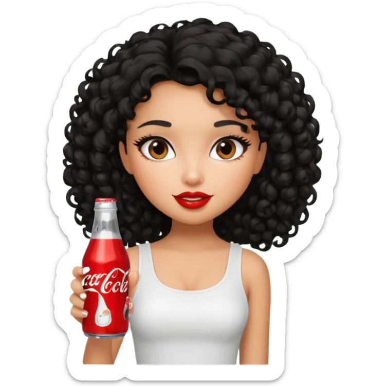 a pretty tan bratz girl with black curly hair drinking coca cola. minimal makeup. white top sticker